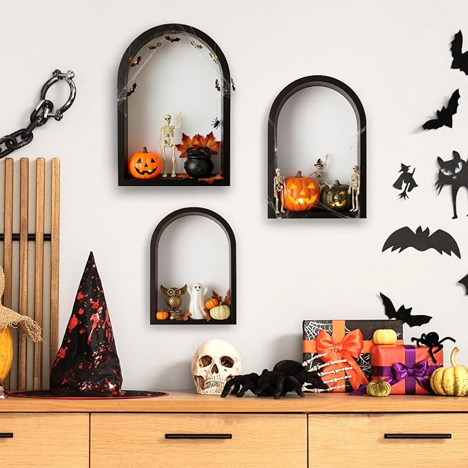 3 Set Wall Shelf 9.8 x 7.1 Inch Wooden Hanging Shelf Deep Display Storage Shelves Floating Shelves for Home Office Room Mini Figures Potted Plants Wall Decor(Arched,Black)