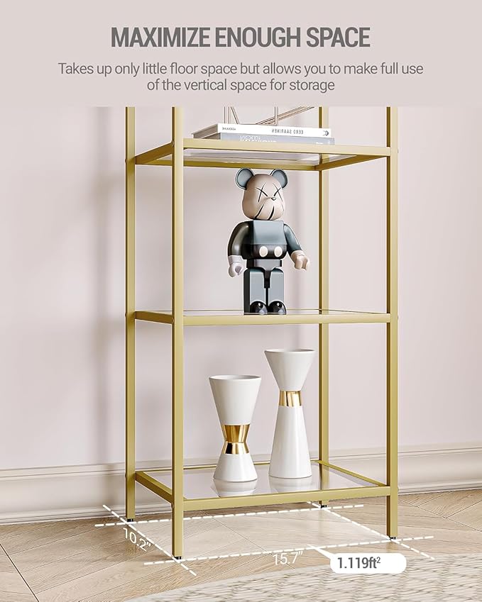 Bookcase Bookshelf, Tempered Glass Bookshelves, Slim Shelving Unit for Bedroom, Bathroom, Home Office, Steel Frame, 6 Tier Gold BC10601G