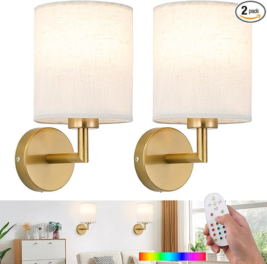 Battery Operated Wall Sconce Set of 2,Rechargeable Wall Lights with Remote Control,Wireless Wall Sconces with 3000mAh Detachable LED Bulb,15 Colours Dimmable Wall Lamp for Bedroom Living Room Hallway