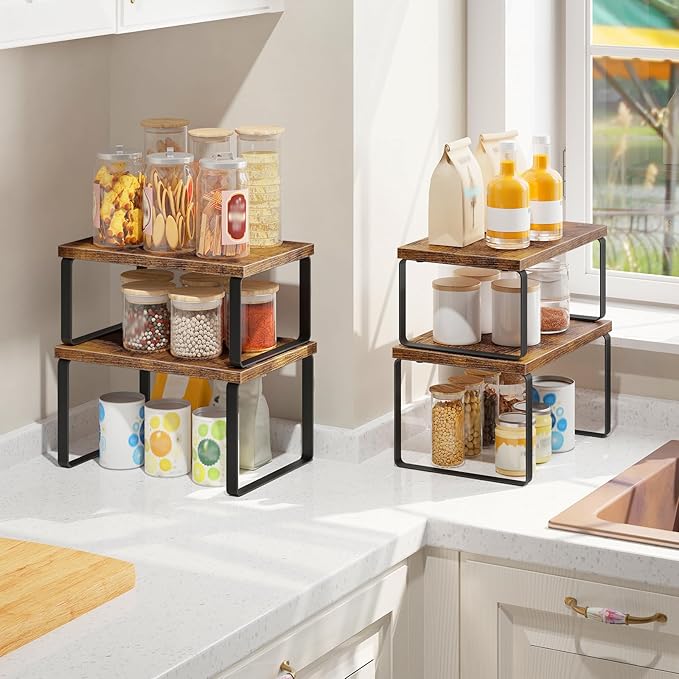 HOOBRO Cabinet Organizer Shelf Set of 4, Kitchen Counter Organizer, Kitchen Storage, Spice Rack, Nest, Stackable, Side-by-Side & L-Shape for Cabinet, Kitchen, Rustic Brown and Black BF33TLP201