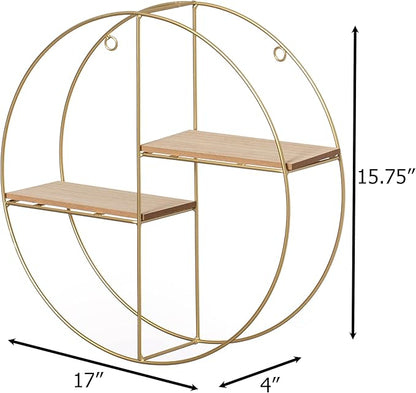 Vintiquewise Elegant 2-Tier Decorative Floating Circular Silhouette Wall Shelf - Circular Metal and Wood Wall-Mounted Shelf for Entryway, Bathroom, Bedroom, and Living Room Decor, Gold Finish