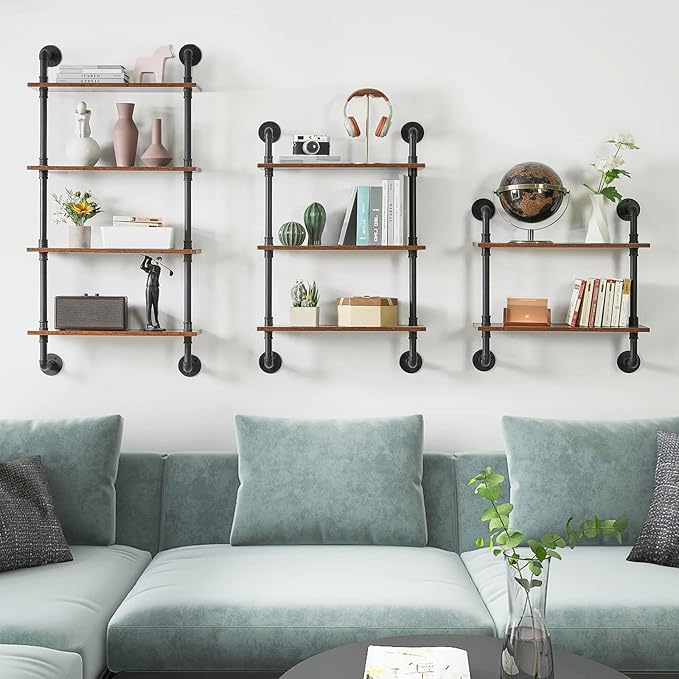 YMYNY Industrial Pipe Shelf Bracket, 4 Tiers Retro Wall Mounted Floating Shelf, Wood DIY Bookshelf, Storage Shelves for Living Room, Bedroom, Office, 24
