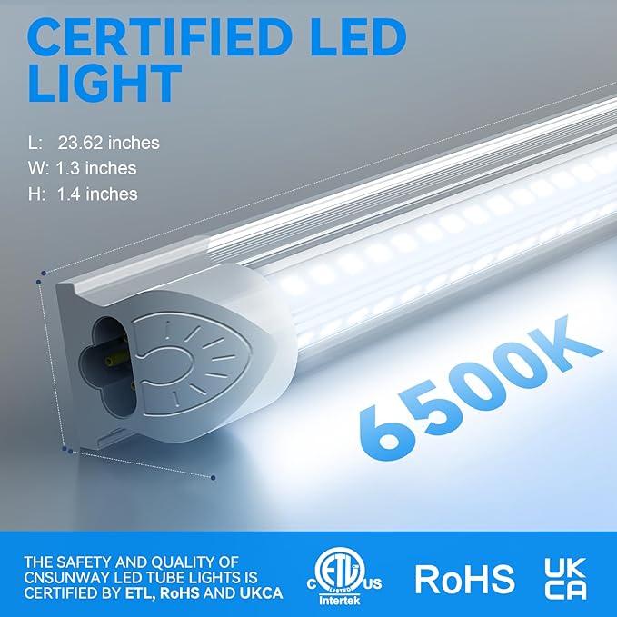CNSUNWAY LED Shop Light 2FT, 20W 3000LM 6500K, T8 LED Tube Lights, Clear Cover, Ceiling and Utility Shop Lights, Linkable Light Fixture for Room, Garage, Workbench, Warehouse, ETL Listed (2 Pack)