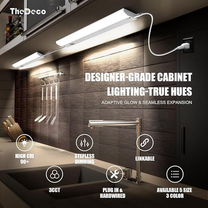16" LED Under Cabinet Lighting Hardwired & Plug in, 3CCT Selectable (Warm White, Cool White and Daylight) Stepless Dimmable, Linkable with 2 Cords Under Counter Lights for Kitchen, CRI94, Matte White
