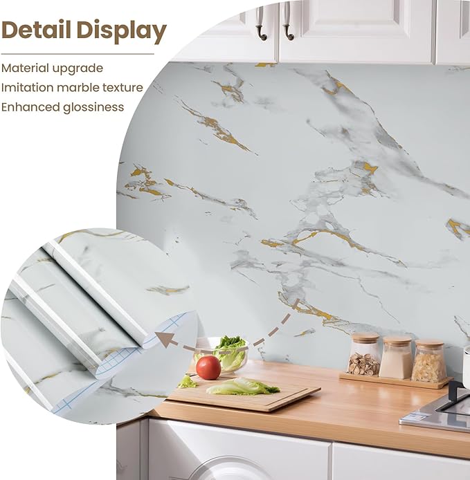 practicalWs Glossy Marble Wallpaper Peel and Stick White/Gold Granite Contact Paper Removable Wall Paper for Kitchen Countertop Cabinet Furniture 23.6