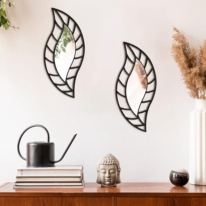 Roowest 2 Pcs Decorative Mirror Wall Decor Leaf Teardrop Mirror Wall Mounted Decorations for Living Room Bedroom Bathroom Vanity Entryway Office(Black)