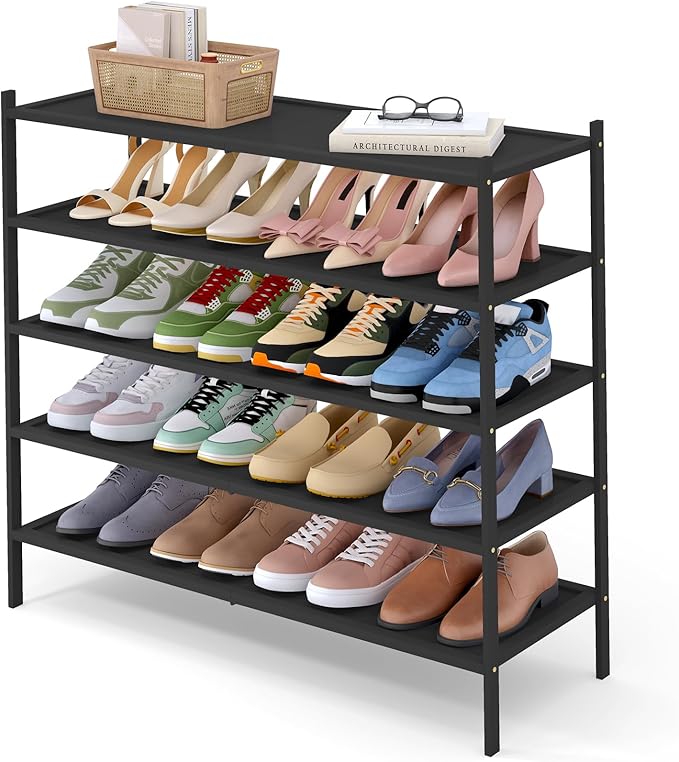 Smiry Bamboo Long Shoe Rack, 5 Tier Shoe Organizer for Entryway & Closet, Stackable Free Standing Storage Shelf for Shoes, Bags & Plants, Black