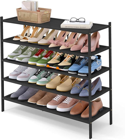 Smiry Bamboo Long Shoe Rack, 5 Tier Shoe Organizer for Entryway & Closet, Stackable Free Standing Storage Shelf for Shoes, Bags & Plants, Black