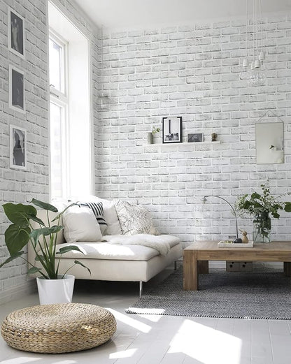 Timeet Brick Wallpaper Peel and Stick Wallpaper White Grey Brick Wallpaper Self Adhesive Removable Wall Paper for Bedroom Living Room Decoration 17.7in x 197in