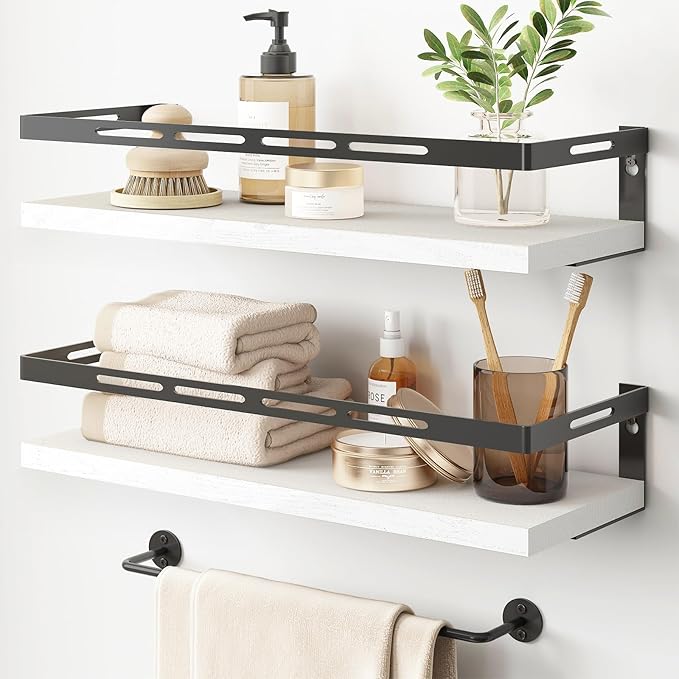 YGEOMER Floating Shelves for Bathroom Organizer Over Toilet, Wall Mounted Bathroom Shelves with Towel Bar, Wall Shelf for Bedroom Kitchen Living Room Storage (White-Black)