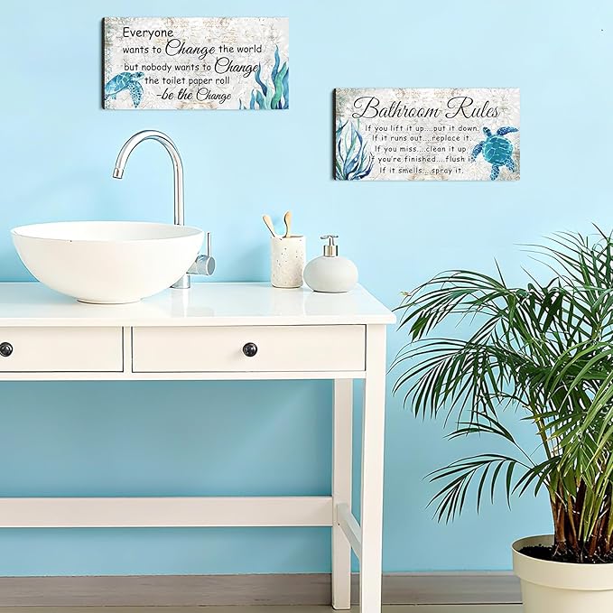 Jetec 2 Pieces Funny Bathroom Signs Bathroom Wall Decor Toilet Wall Accessories Farmhouse Toilet Rustic Wooden Signs, 12x6 Inch(Sea Turtles Style)