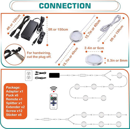 Under Cabinet Puck Lighting Kit, Atmosphere Ambiance Lighting, Dimmable Wireless RF LED Remote Control, Daisy Chain Linable, AC120V to DC12V, Hardwired or Wall Plug, 6 Lights, Daylight
