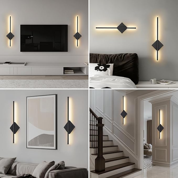 Battery Operated Wall Sconces Set of Two, Modern Sconces Wireless Cordless Rechargeable Light with Remote, Black Wall Lamp Dimmable Magnetic Home Decor for Bedroom Living Room Hallway Timing 23.6 Inch
