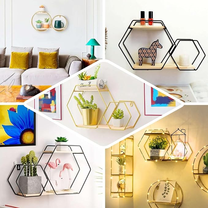 Efavormart 2-Tier Geometric Floating Shelf, Wall Hanging Shelves with Gold Double Hoop Design - 10" H x 18" L for Living Room, Bedroom, Kitchen, Bathroom, Study Room, Garden Sheds, Wall Decoration