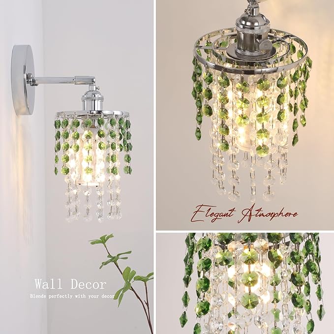 Set of 2 Crystal Battery Operated Wall Sconce,Rechargeable Wall Lamp with 5400mAh Battery & Remote Control, Modern Dimmable Wireless Wall Lights for Bedroom Bathroom (Green, Silver Base)