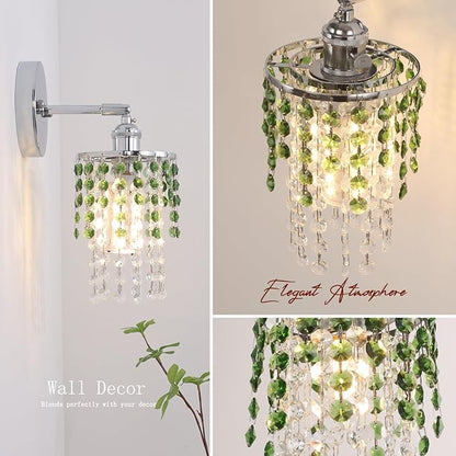 Set of 2 Crystal Battery Operated Wall Sconce,Rechargeable Wall Lamp with 5400mAh Battery & Remote Control, Modern Dimmable Wireless Wall Lights for Bedroom Bathroom (Green, Silver Base)