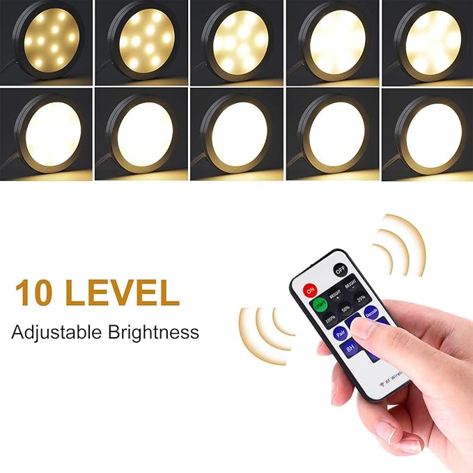 AIBOO Linkable Under Cabinet LED Lighting 12V Dimmable Puck Lights with Wireless RF Remote Control, Hardwired & Wall Plug in for Furniture Cupboard Lighting(10 Lights, Warm White)