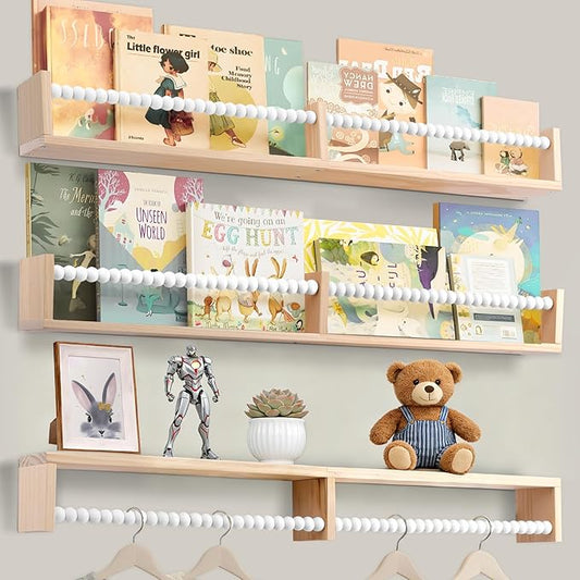 Nursery Bookshelf,Set of 3 White Wood Floating Bookshelf for Kids,Nursery Shelves for Wall,Bathroom Decor, Kitchen Spice Rack (White 3)