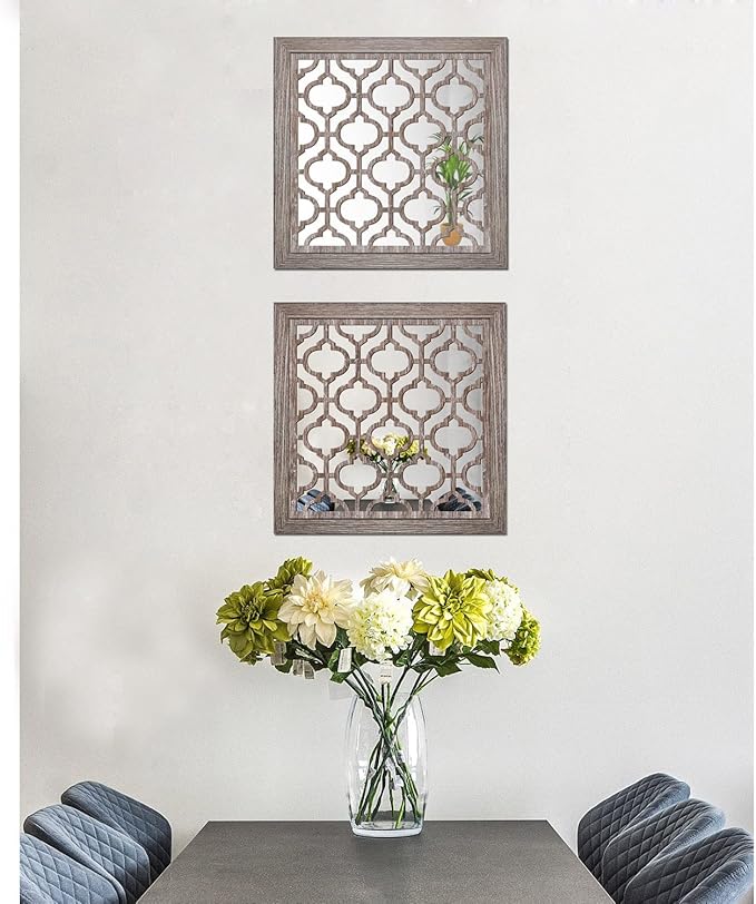 Yudarte 2pcs Set Square Moroccan Cutout Wall Mirror Decor - Farmhouse Rustic Decorative Mirrors for Bedroom Bathroom Living Room Kitchen Entryway 12x12 Inches