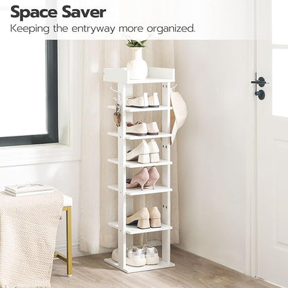 HOOBRO Vertical Shoe Rack for Front Door Entryway, 7 Tier Wooden Shoe Storage Organizer with Hooks, Narrow Shoe Tower for 7 Pairs, Space Saving, for Corner, Closet, Bedroom, White WT61XJ01