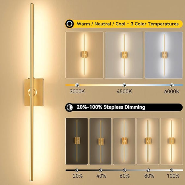 Ouyulong Battery Operated Wall Sconces Set of 2, 10000mAh Wireless Rechargeable 3000-6000K Dimmable 350° Rotate Wall Light with Remote for Living Room, Bedroom 31.6in Gold