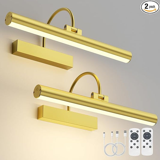 VOLISUN Picture Lights for Wall, 13 inch Rechargable Picture Light Battery Operated, 3 Color Temperatures Cordless Picture Light with Remote, Art Light for Paintings, Gallery, Portrait, 2 Pack (Gold)