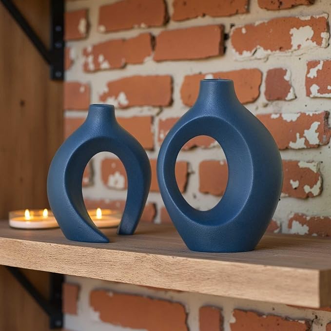 Snuggle Hollow Ceramic Vase Set of 2, Nordic Modern Boho ins Style Ceramic Aesthetic Flower Vases for Home Decor Living Room Coffee Table Decorative (Matte Navy Blue W 6.3