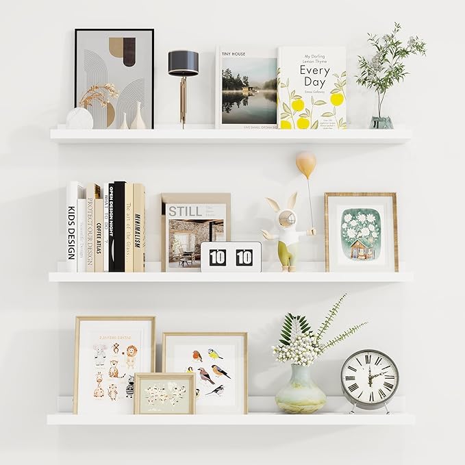Axeman 36 Inch Floating Shelves | White Picture Ledge Shelf Set of 3 | Rustic Wood Wall Shelves with Lip | 36