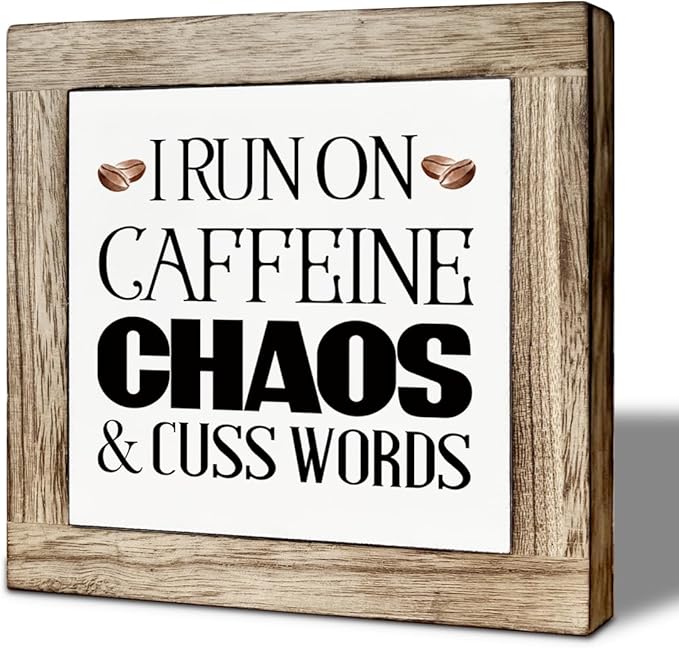 Coffee Bar Decor, I Run On Caffeine Chaos and Cuss Words Wooden Box Sign, Bar Decorations for Home, Coffee Wood Box Sign Kitchen Home Decor, Funny Office Desk Signs 5.9×5.9 inch