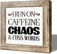 Coffee Bar Decor, I Run On Caffeine Chaos and Cuss Words Wooden Box Sign, Bar Decorations for Home, Coffee Wood Box Sign Kitchen Home Decor, Funny Office Desk Signs 5.9×5.9 inch