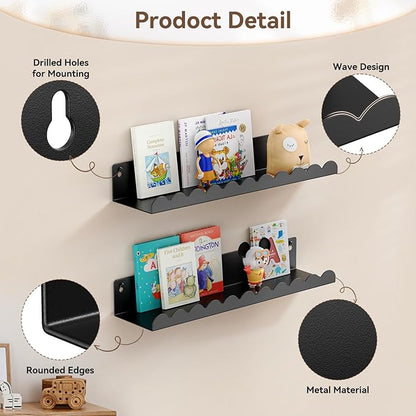 Nursery Book Shelves, 17 Inch Metal Floating Shelves for Wall 4 Pack, Scalloped Shelves, Wall Mounted Book Shelf for Kids Bedroom, Baby Room, Nursery Decor （Black）