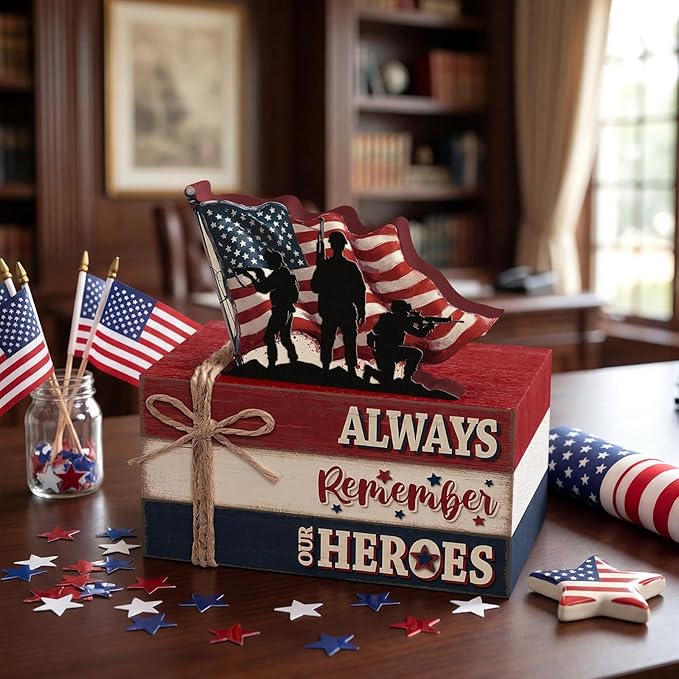 Geelin 4 Pcs Memorial Day Wooden Book Stack Decorations, Patriotic Tabletop Book Sign with Soldiers and American Flag, Rustic Red White Blue Tiered Tray Decor for Home Office Veterans Day
