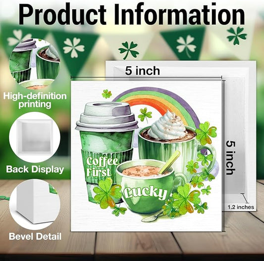 St. Patrick's Day Kitchen Decor Sign - Shamrock Coffee First Wooden Sign - Irish St Patricks Day Decorations for Home Cafe Coffee Bar Table Desk Shelf 5x5 Inches