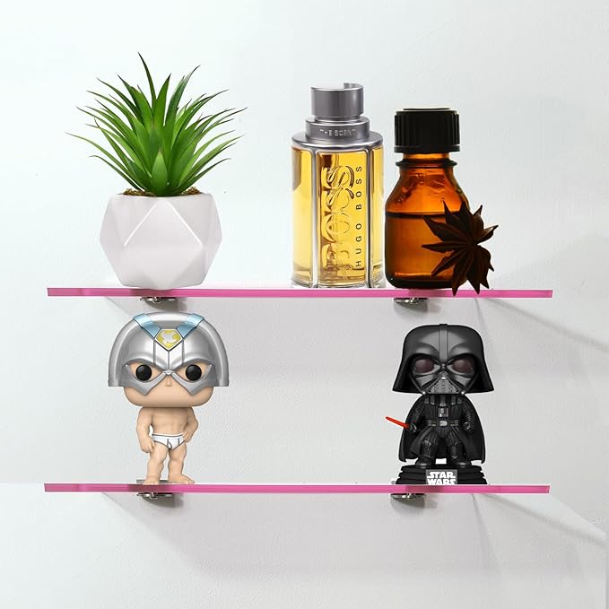 iobiotio Cute Pink Floating Shelves, 12 x 4'' Arylic Shelves for Wall, Decorative Clear Floating Shelves for Gril's Room, Bathroom, Wall Mounted, 2 Pcs