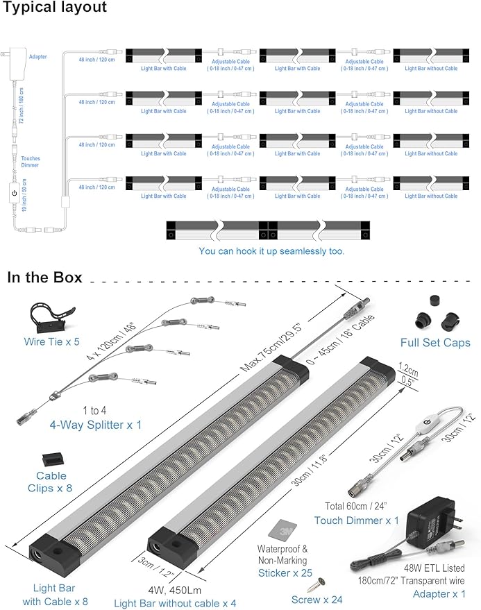 EBD LED Under Shelf Lights, 4-Way Splitter Light Bar, 12-Panel Cabinet Lighting, 4500K 5400Lm Counter Lights with Slack-Free Wiring, Maximized for Spacious 4-Layer Showcase, Bookcase & Storage Rack