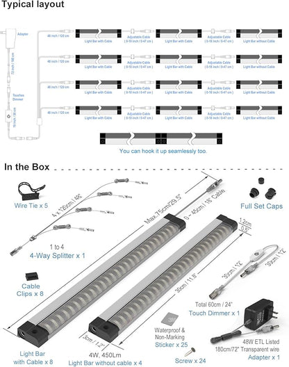 EBD LED Under Shelf Lighting, 4-Way Parallel Light Bar, 12-Panel Cabinet Lights, 3000K 5400Lm Counter Lights with Slack-Free Wiring, Maximized for Spacious 4-Layer Showcase, Bookcase & Storage Rack
