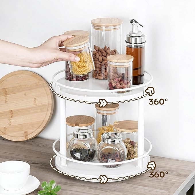 Spice Rack, Set of 2 Lazy Susan Organizer, 2-Tier Turntable Organizer For Cabinet, Compact and Versatile, for Kitchen Countertop, White SR22L2WW
