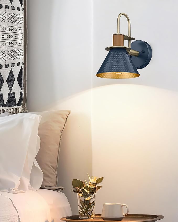 Modern Wall Sconces, HWH Industrial Sconce Wall Lighting Indoor Wall Lamp, 1-Light Barn Vanity Light for Kitchen Bedroom, Hammered Metal Shade, Navy Blue Finish, 5HZG74B-L BL+BG