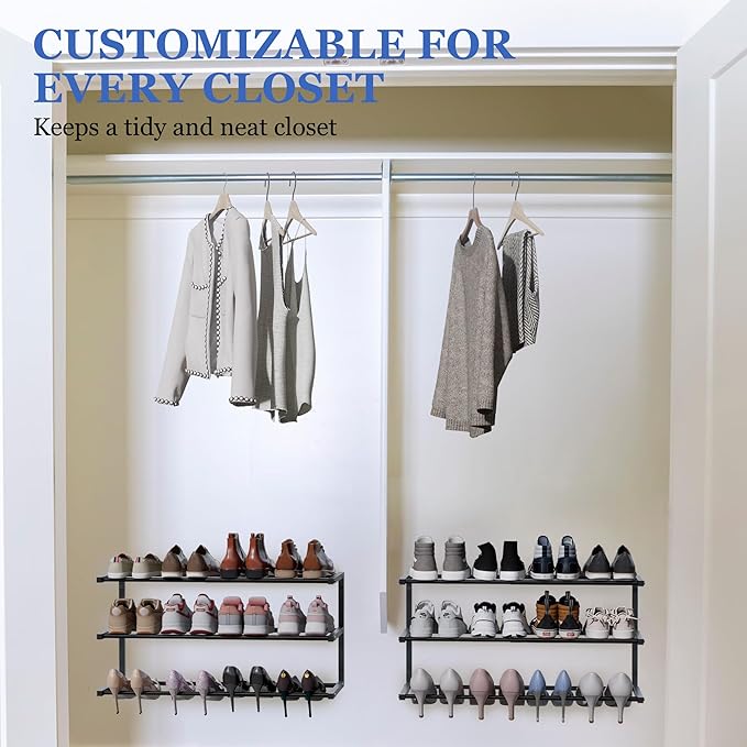 2 Pack Wall Mounted Shoe Rack, 3 Tier Hanging Shoe Rack Holds 24 Pairs, 17