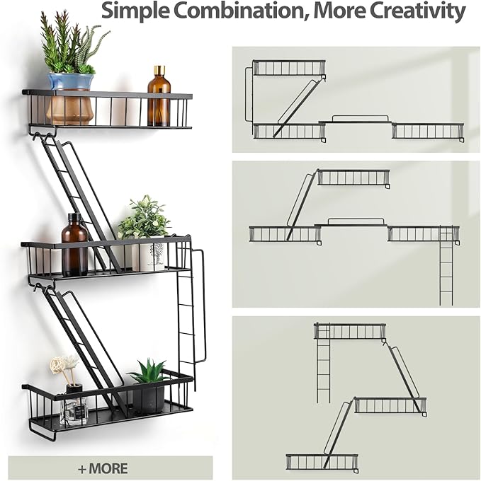 Fire Escape Wall Shelf - New York Decorative Ladder Shelf, Wall Art Floating Shelf Black Metal Shelves for Bedroom, Home Office Storage and Display (3-Tier)