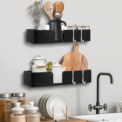 ABCOOL Shower Caddy Floating Bathroom Shelves - Set of 2, No Drill Wall Mounted Adhesive Hanging Shelves with Hooks Decorative Storage Shelves for Kitchen Living Room Bedroom