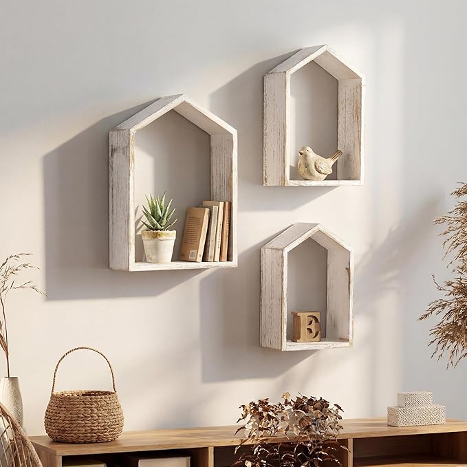 3 Set Wall Shelf 9.8 x 7.1 Inch Wooden Hanging Shelf Deep Display Storage Shelves Floating Shelves for Home Office Room Mini Figures Potted Plants Wall Decor (House,White)