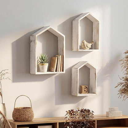 3 Set Wall Shelf 9.8 x 7.1 Inch Wooden Hanging Shelf Deep Display Storage Shelves Floating Shelves for Home Office Room Mini Figures Potted Plants Wall Decor (House,White)