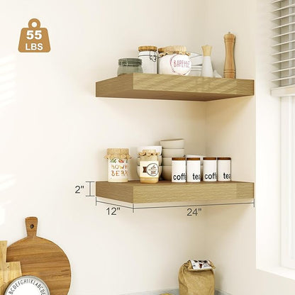 Heimlove Bathroom 12'' Deep Floating Shelves for Wall - Shelf Over Toilet Mounted Farmhouse 24 inches,Rustic Wood Shelves Decor & Storage Set of 1 Oak