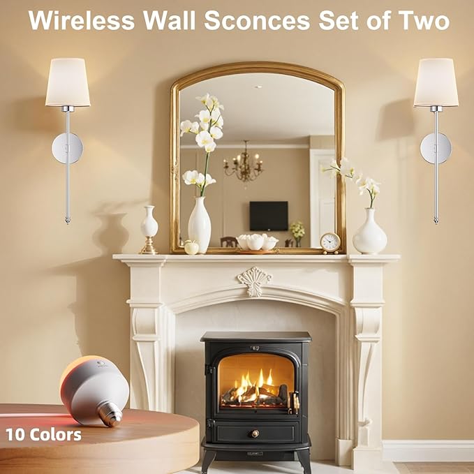 Wall Sconces Battery Operated Set of 2, Rechargeable Wall Sconce, 10 Colors Wireless Wall Sconces Set of Two, 5200mAh Dimmable Bulbs and Remote for Bedroom Living Room Hallway (24 inch-Brushed Nickel)