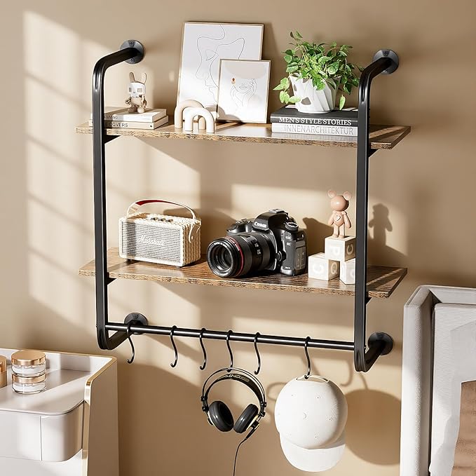 2 Tier Industrial Pipe Shelving, 24" Kitchen Shelves Wall Mounted with 6 Hooks, Coffee Bar Shelves Display Bookshelf Wall Shelf for Bedroom, Bathroom, Home Décor, Rustic Brown
