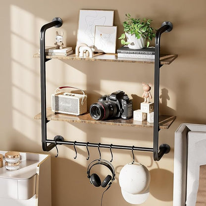 2 Tier Industrial Pipe Shelving, 24" Kitchen Shelves Wall Mounted with 6 Hooks, Coffee Bar Shelves Display Bookshelf Wall Shelf for Bedroom, Bathroom, Home Décor, Rustic Brown
