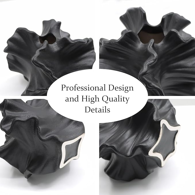 Ceramic Vase - Set of 2 for Home Decor,Black Flower Shape Pampas Vases Minimalist Nordic Boho Style for Modern Farmhouse Decor, Living Room、 Kitchen、Mantle、Bedroom、Dining Table、Office