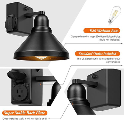Brightever Motion Sensor Outdoor Wall Lights, Dusk to Dawn Porch Lights Outdoor Wall Sconces, Exterior Barn Lighting Fixtures with Outlet, Black Outside Lights for House, 2-Pack