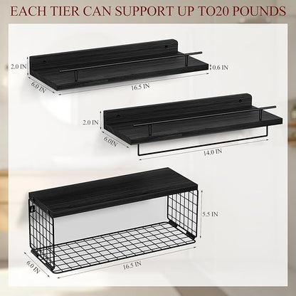 Floating Shelves for Wall, Wood Bookcases, Decor for Kitchen| Farmhouse| Bedroom| Laundry Room| Living Room| Bathroom, Hanging Storage - Black